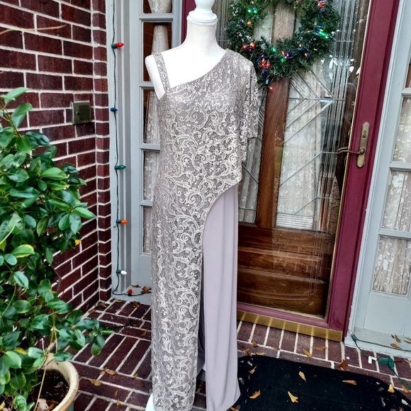 R&M Richards Pants - R&M RICHARDS ASYMMETRIC JUMPSUIT W/OVERLAY & DIAMANTE SHOULDER STRAP JUMPSUIT